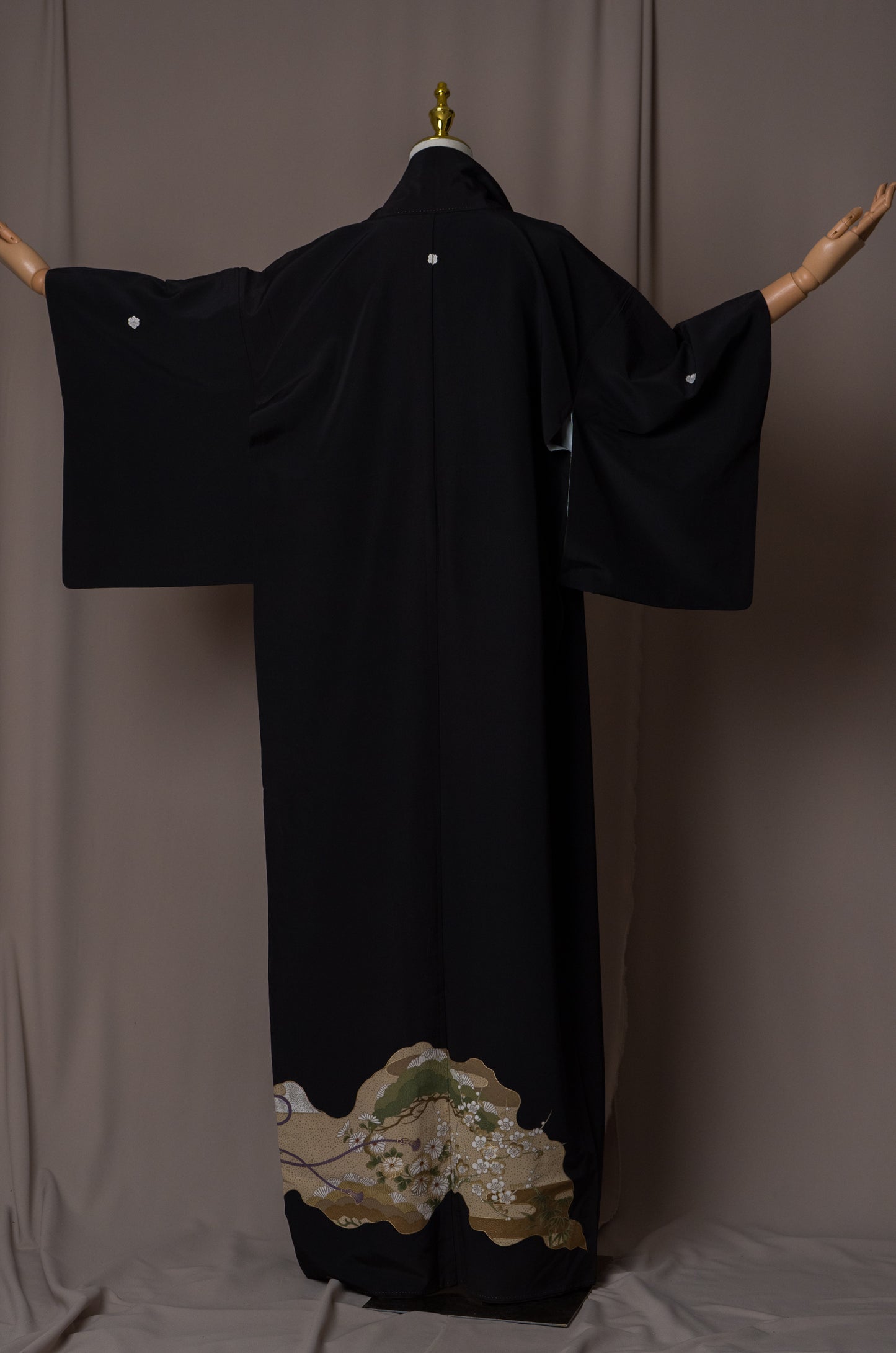 Vintage Kimono in Black with Hand-drawn Japanese Garden