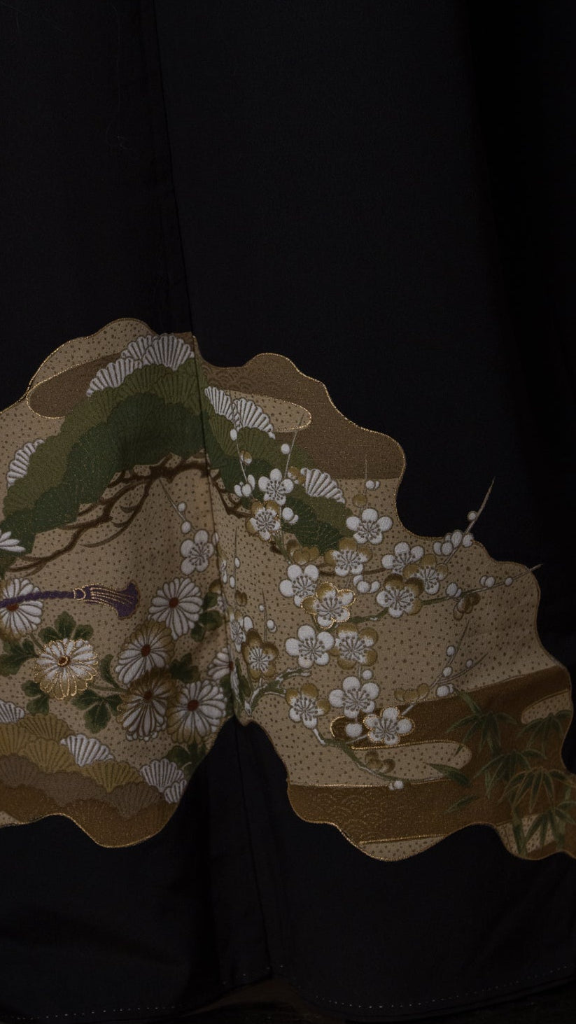 Vintage Kimono in Black with Hand-drawn Japanese Garden