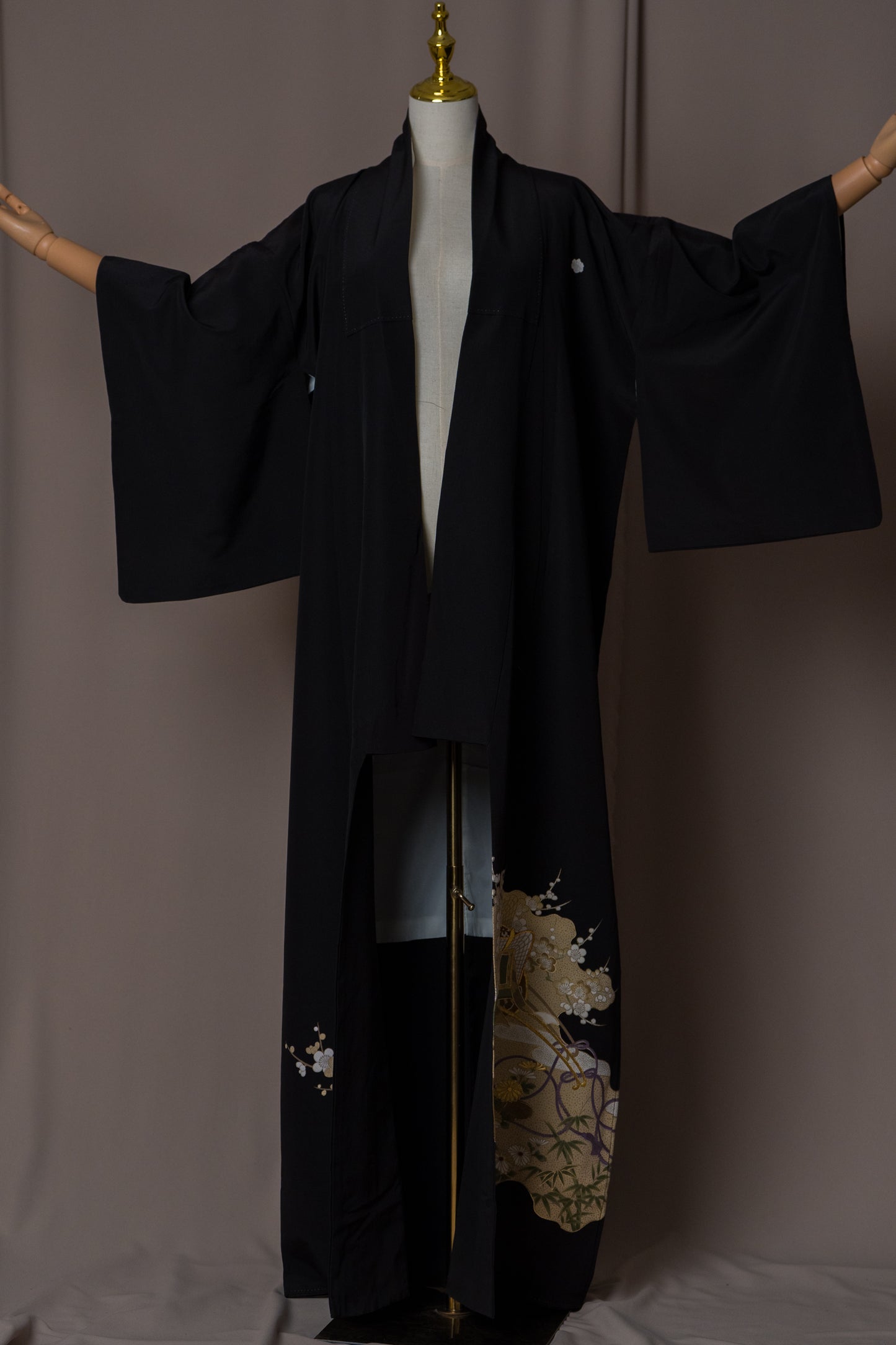 Vintage Kimono in Black with Hand-drawn Japanese Garden