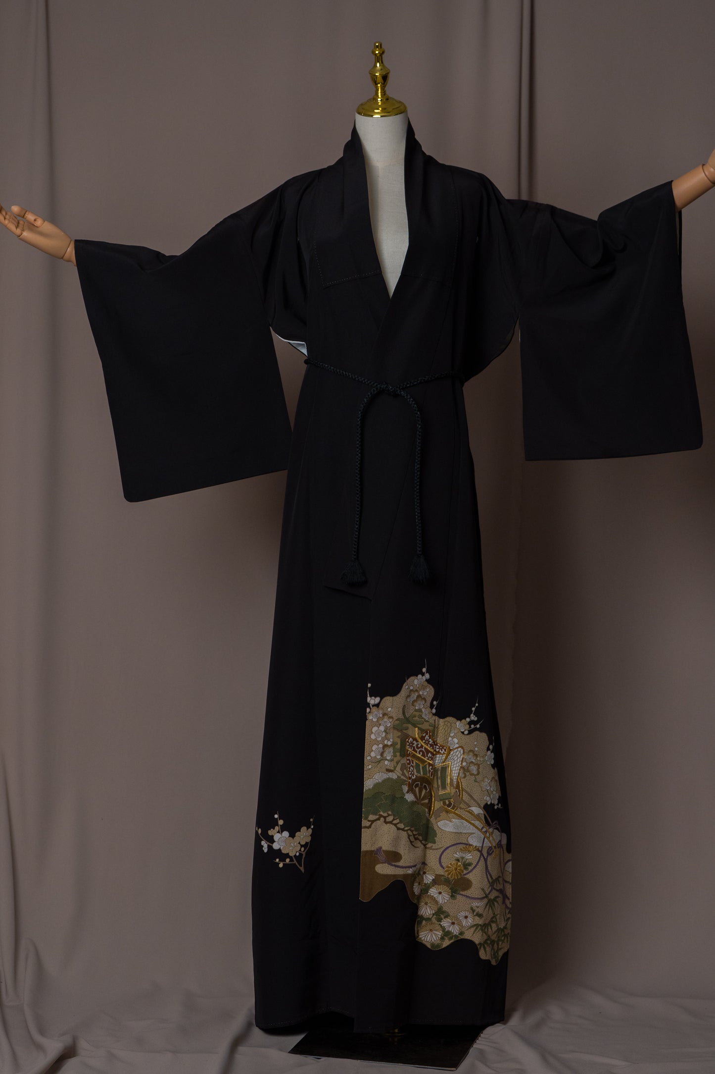 Vintage Kimono in Black with Hand-drawn Japanese Garden