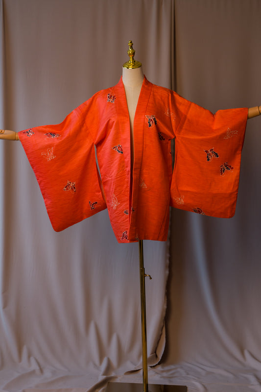 Vintage Bright Pink-Orange Haori with Butterfly Motif