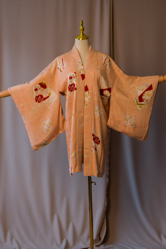 Vintage Peach Reversible Haori with Ume Blossom Motifs