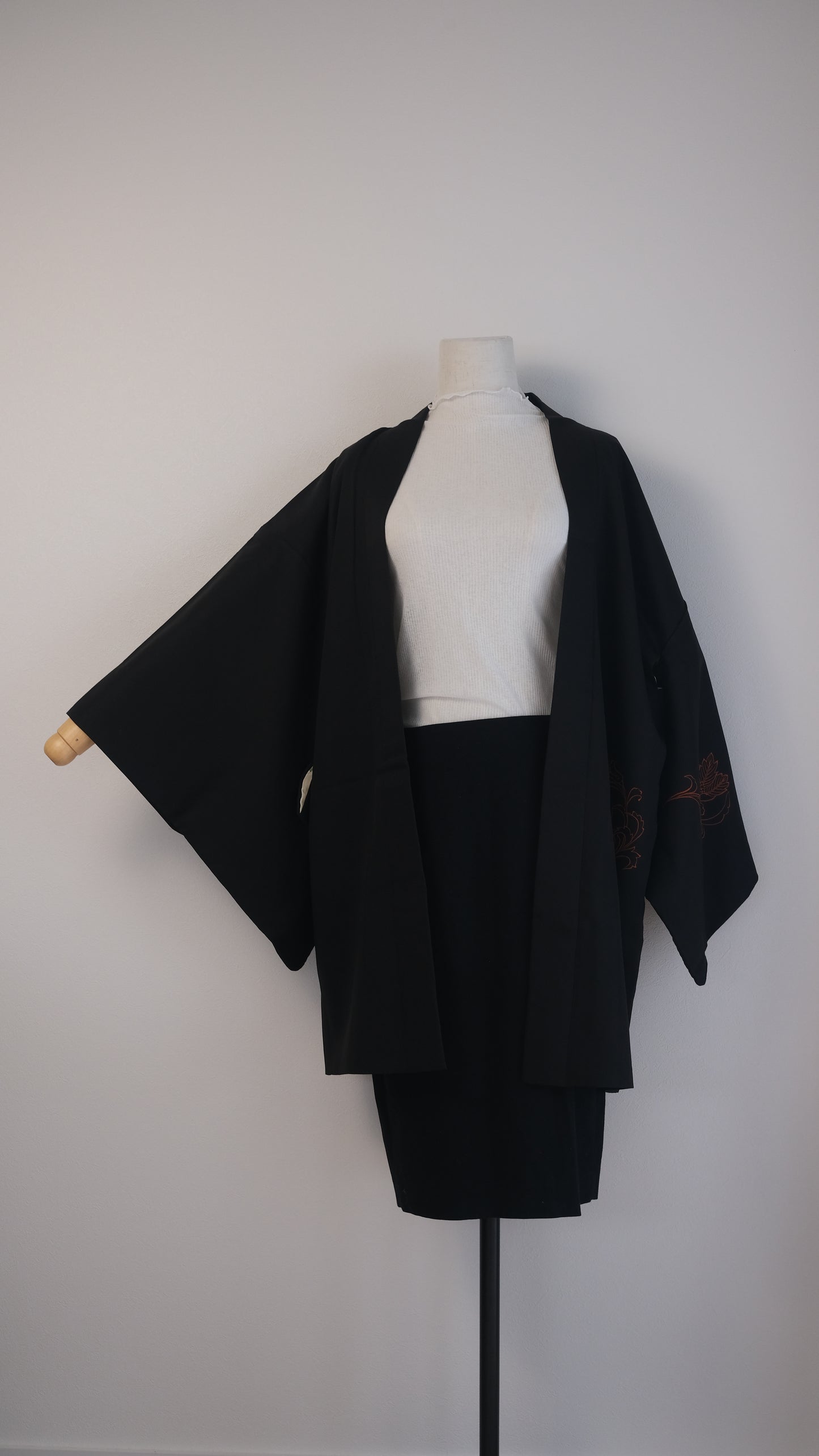 Black Silk Haori with Orange Embroidered Peony Motif