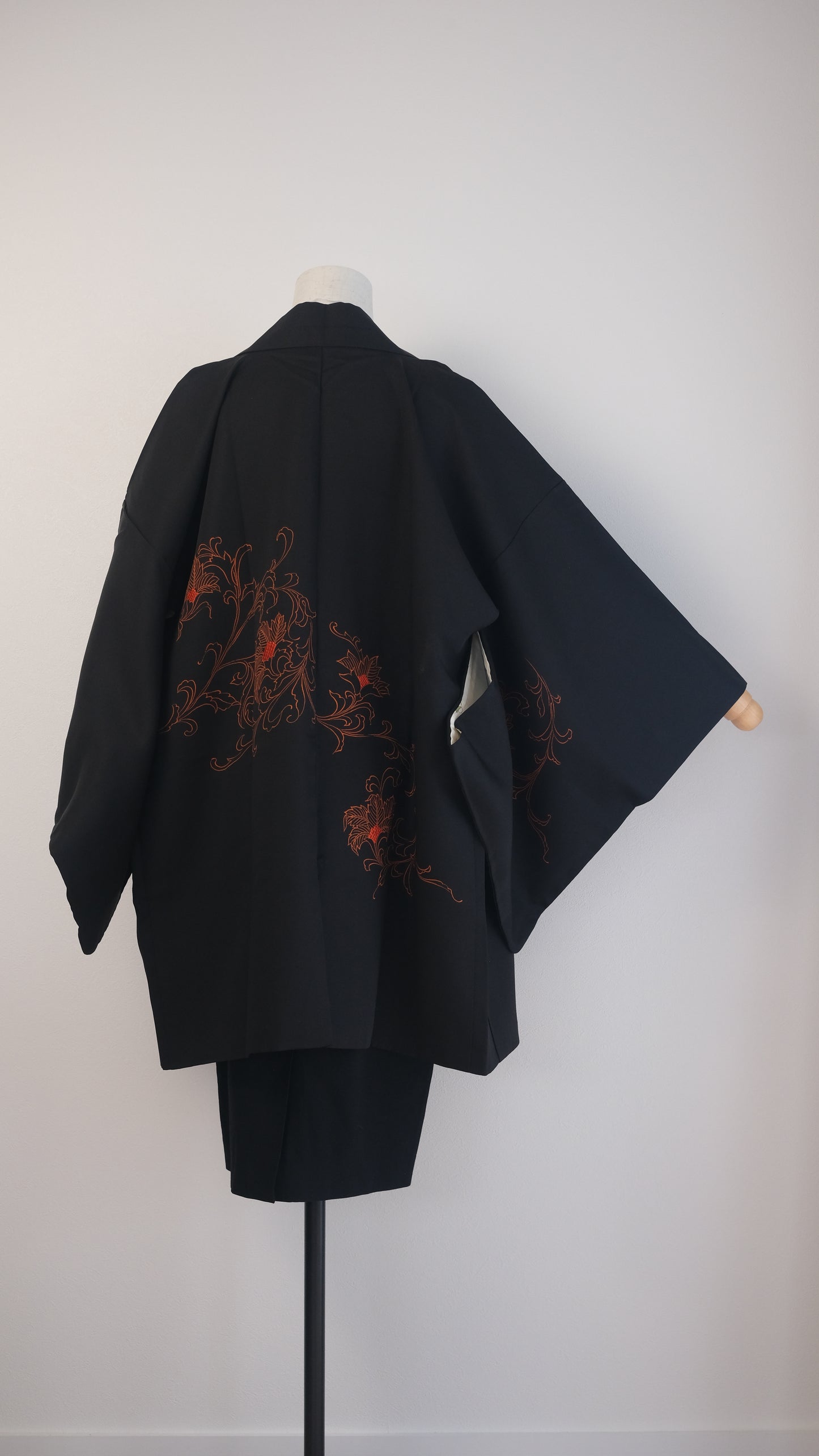 Black Silk Haori with Orange Embroidered Peony Motif