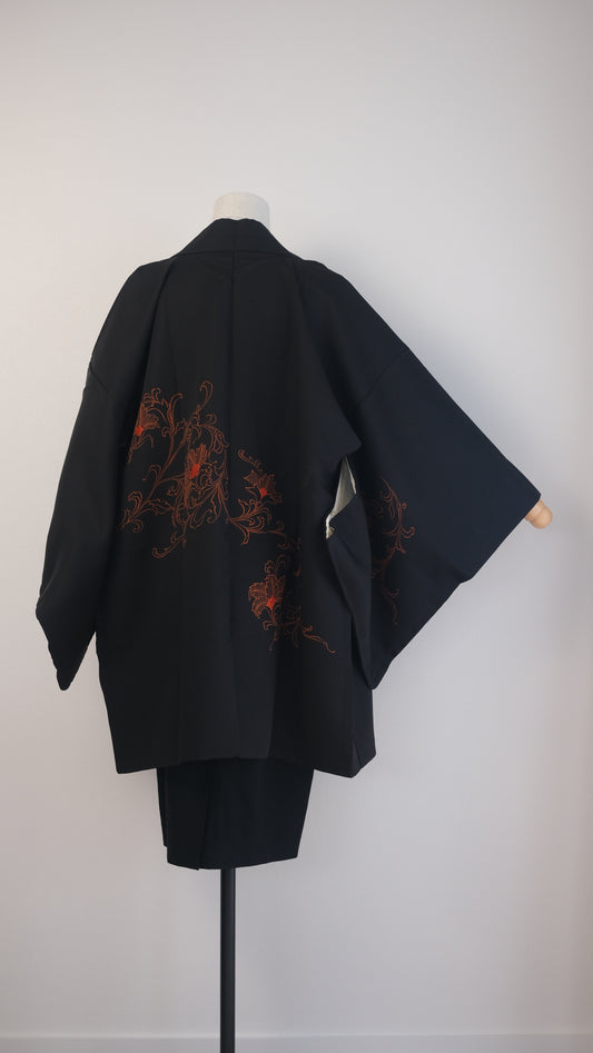 Black Silk Haori with Orange Embroidered Peony Motif