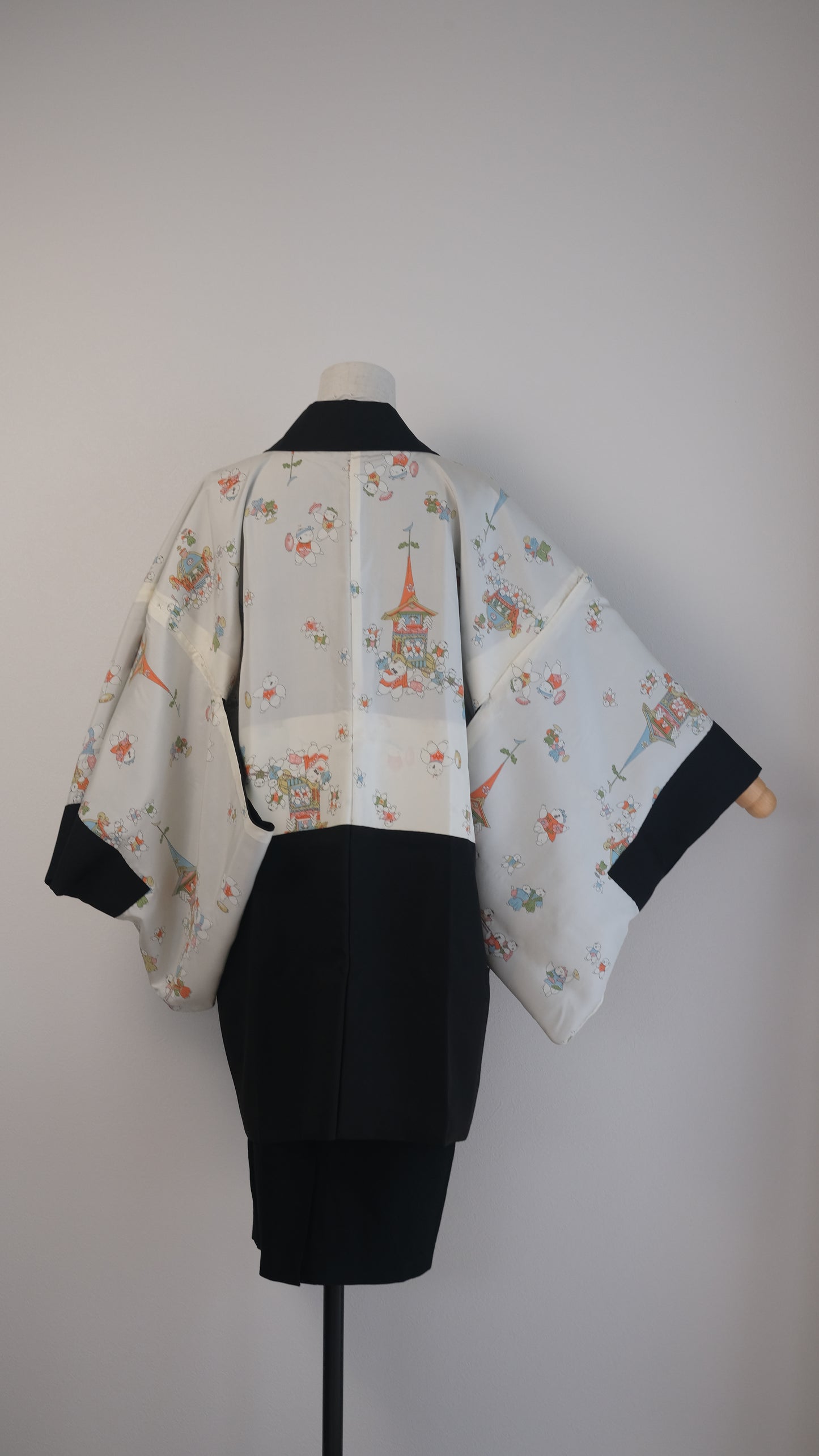Black Silk Haori with Orange Embroidered Peony Motif