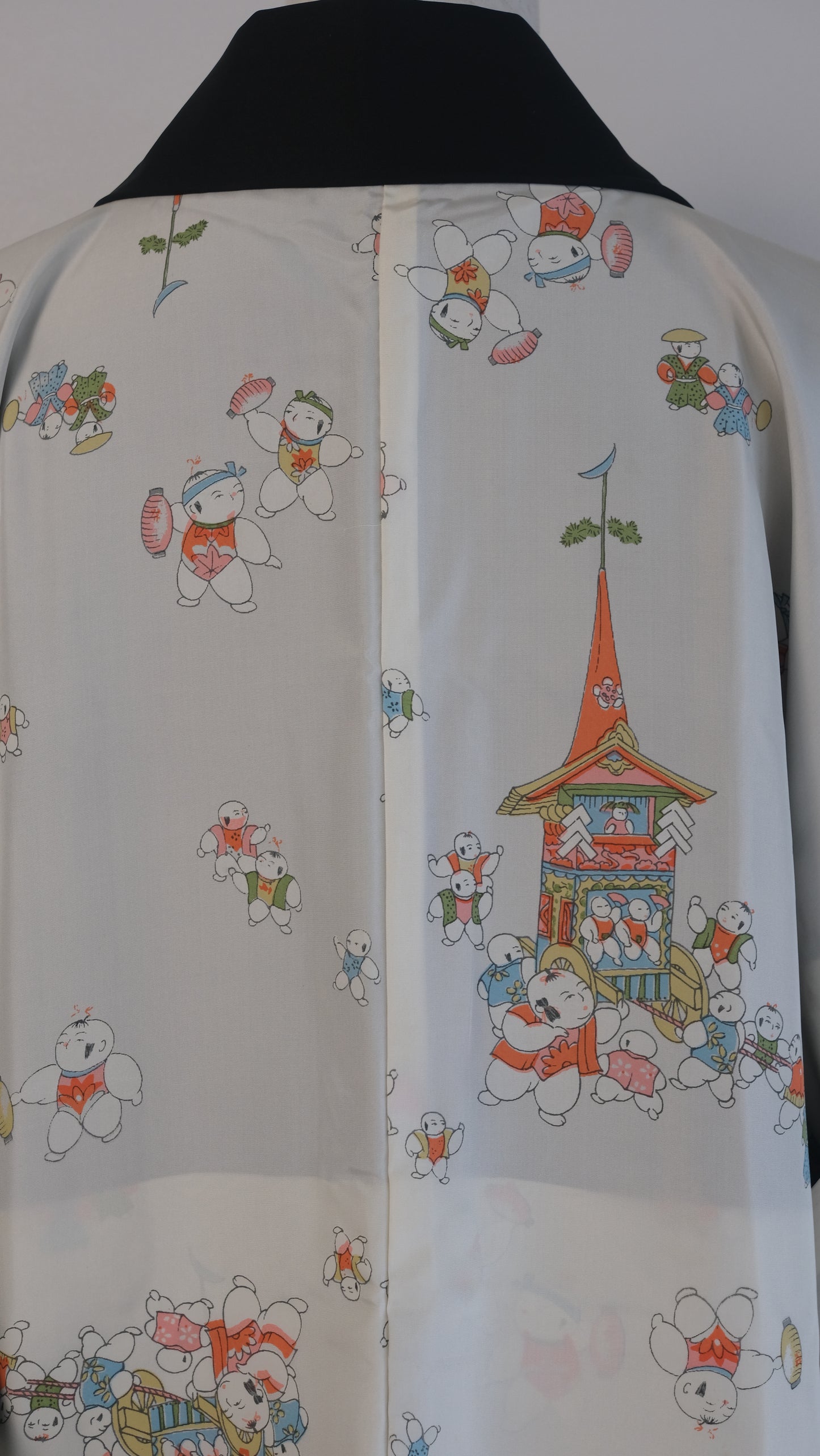 Black Silk Haori with Orange Embroidered Peony Motif