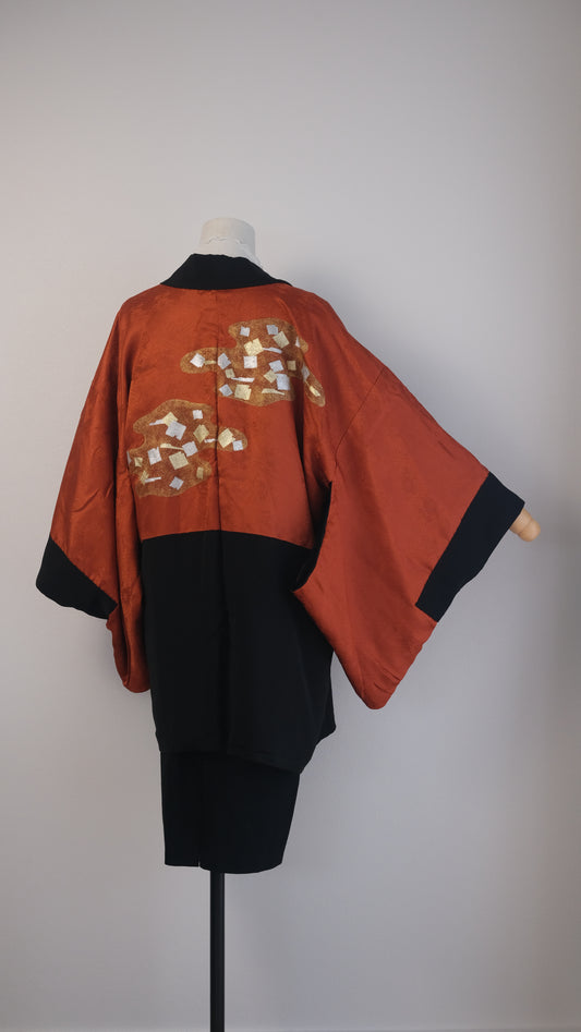 Black Haori with Subtle Floral Back & Gold Cloud Lining