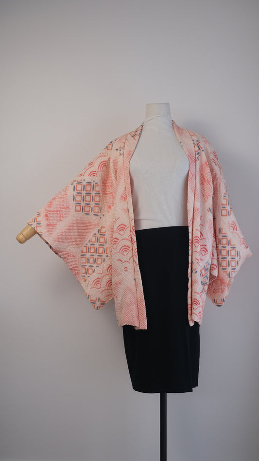 Peach Blush & Indigo Shibori Haori with Asanoha and Seigaiha Motifs