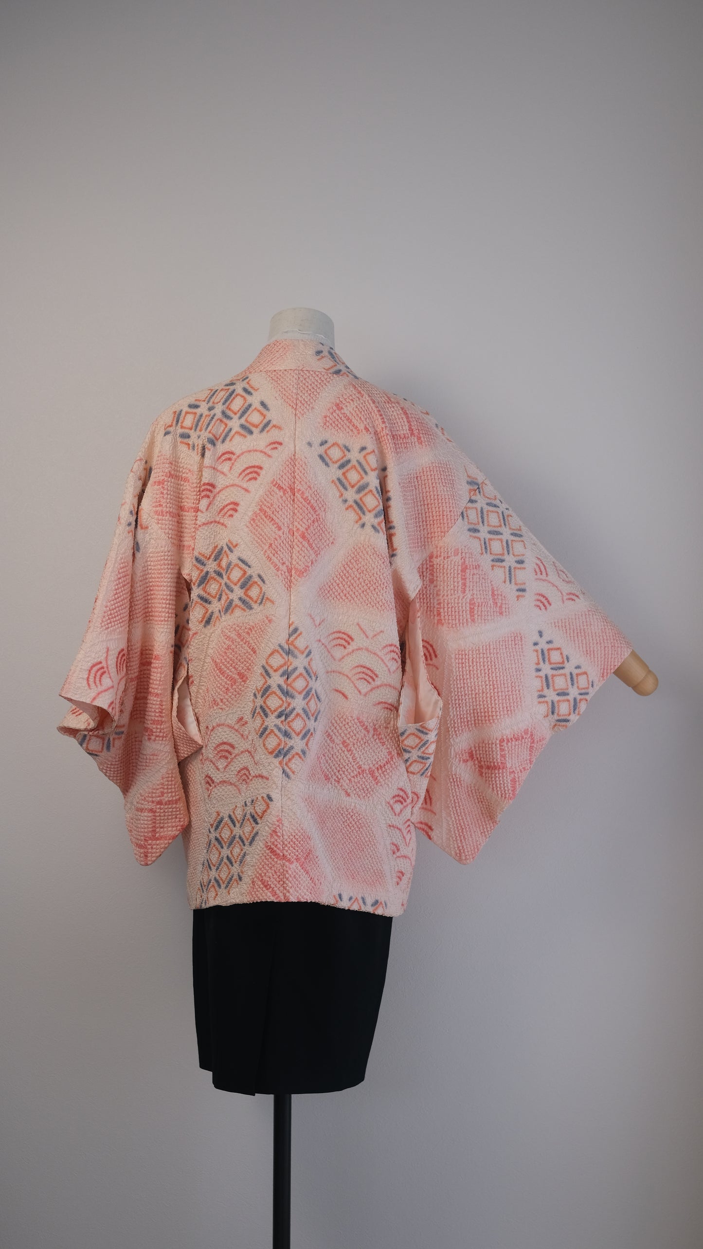 Peach Blush & Indigo Shibori Haori with Asanoha and Seigaiha Motifs