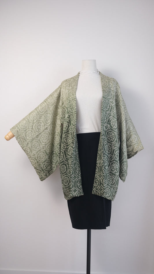 Green Gradation Haori with Shibori-Inspired Motif