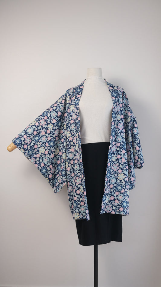 Pastel Blossoms on Deep Indigo Haori