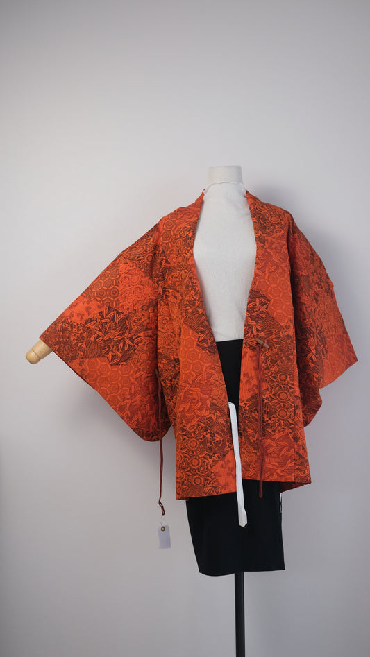 Bright Red Patchwork Haori with Bamboo and Chrysanthemum Motif