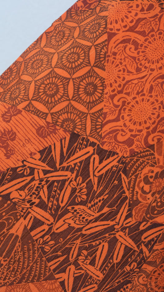 Bright Red Patchwork Haori with Bamboo and Chrysanthemum Motif