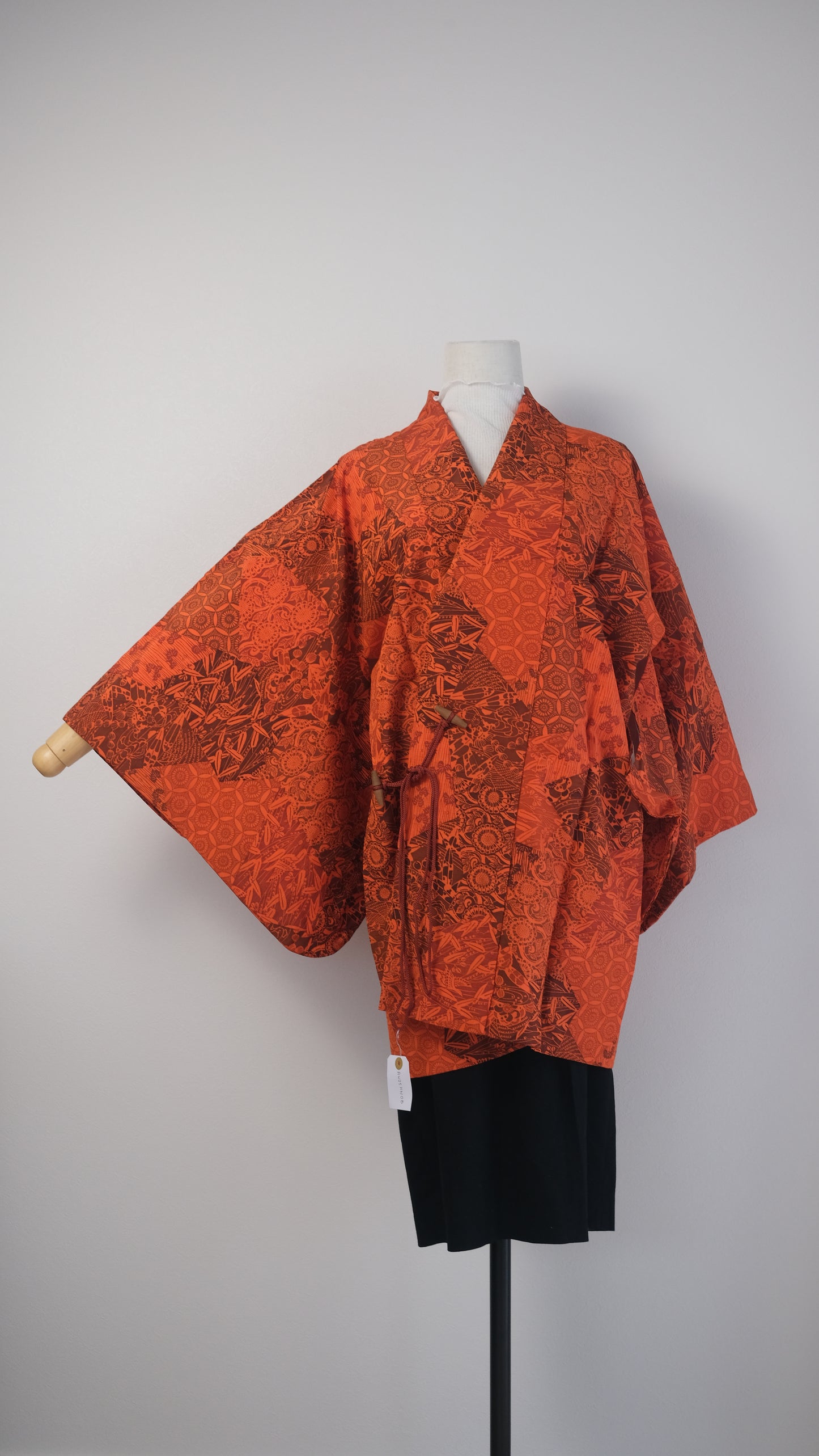 Bright Red Patchwork Haori with Bamboo and Chrysanthemum Motif