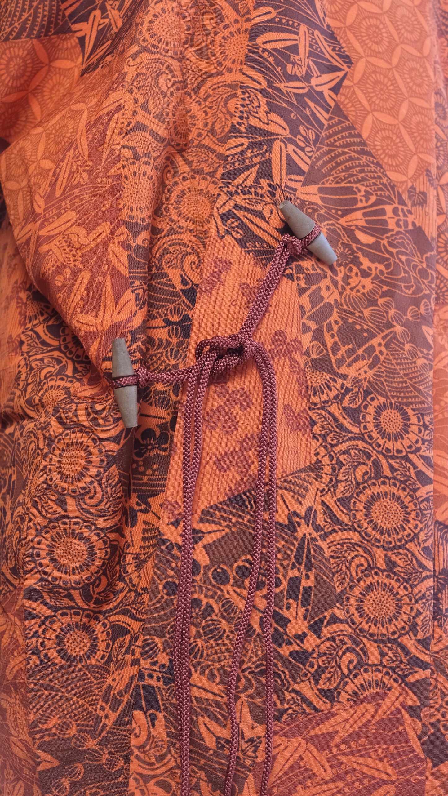 Bright Red Patchwork Haori with Bamboo and Chrysanthemum Motif