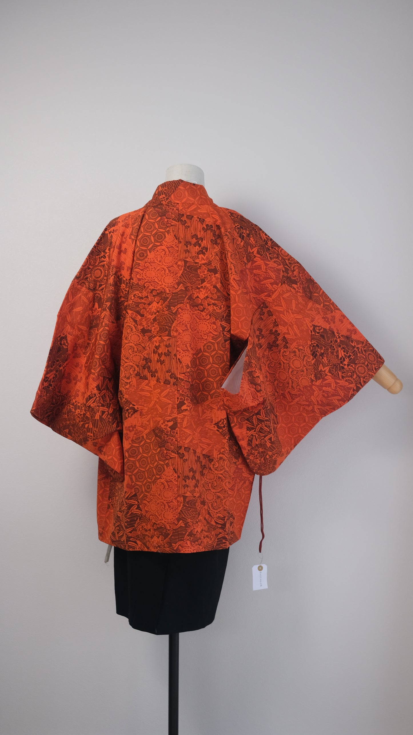 Bright Red Patchwork Haori with Bamboo and Chrysanthemum Motif