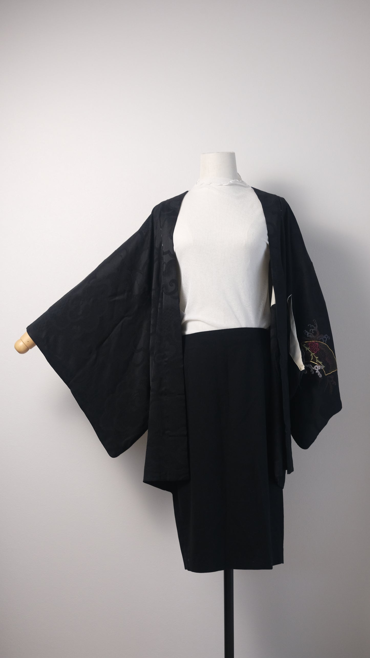 Black Haori with Cloud Motif and Wave-Fan Embroidery