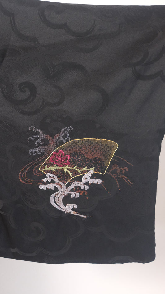Vintage Black Haori with Cloud Motif and Wave-Fan Embroidery