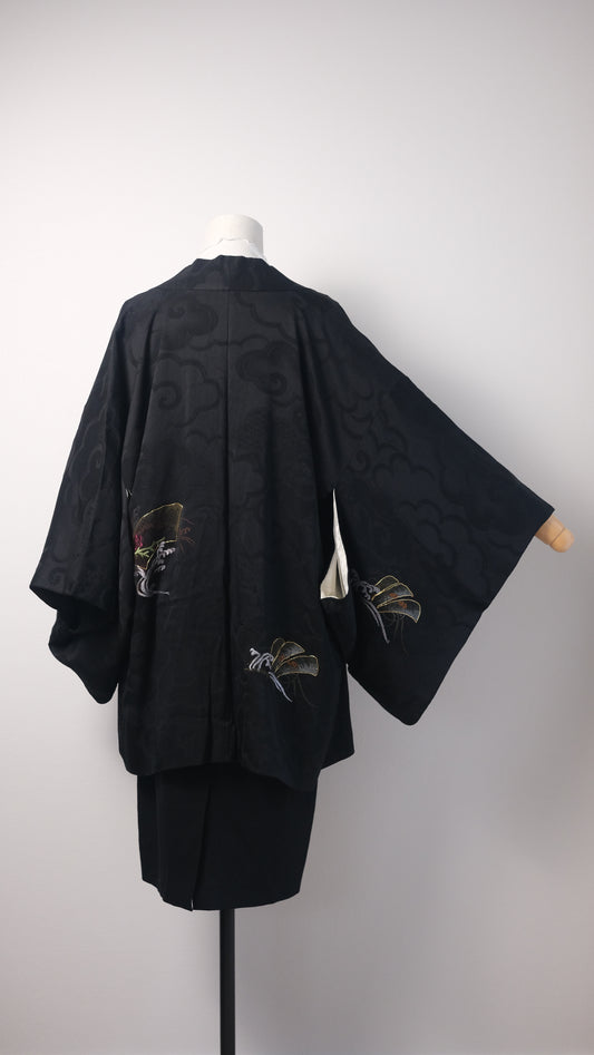 Black Haori with Cloud Motif and Wave-Fan Embroidery