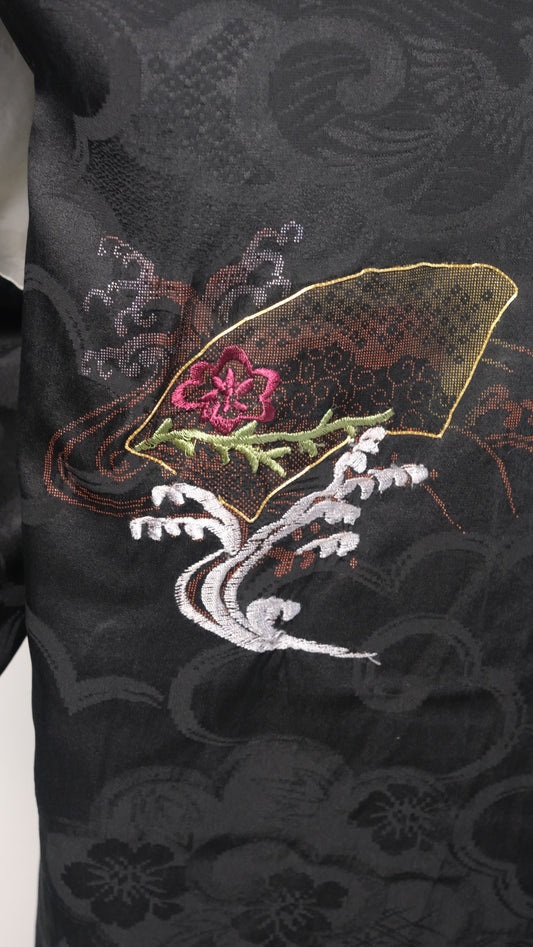 Black Haori with Cloud Motif and Wave-Fan Embroidery