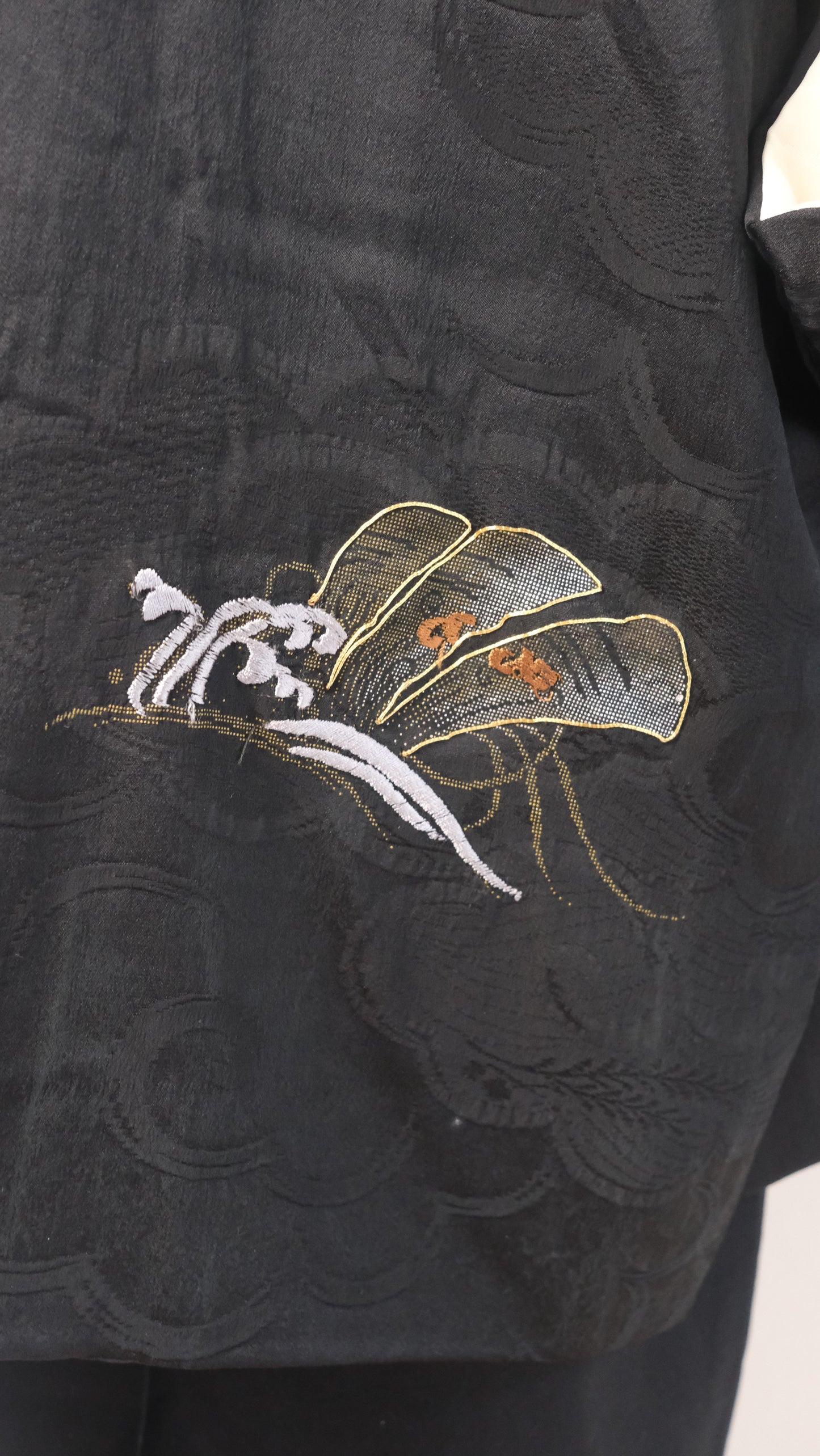 Black Haori with Cloud Motif and Wave-Fan Embroidery