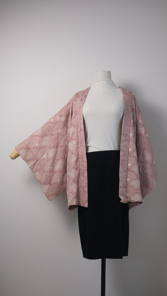 Dusty Rose Shibori Haori with Wave Motif and Playful Lining