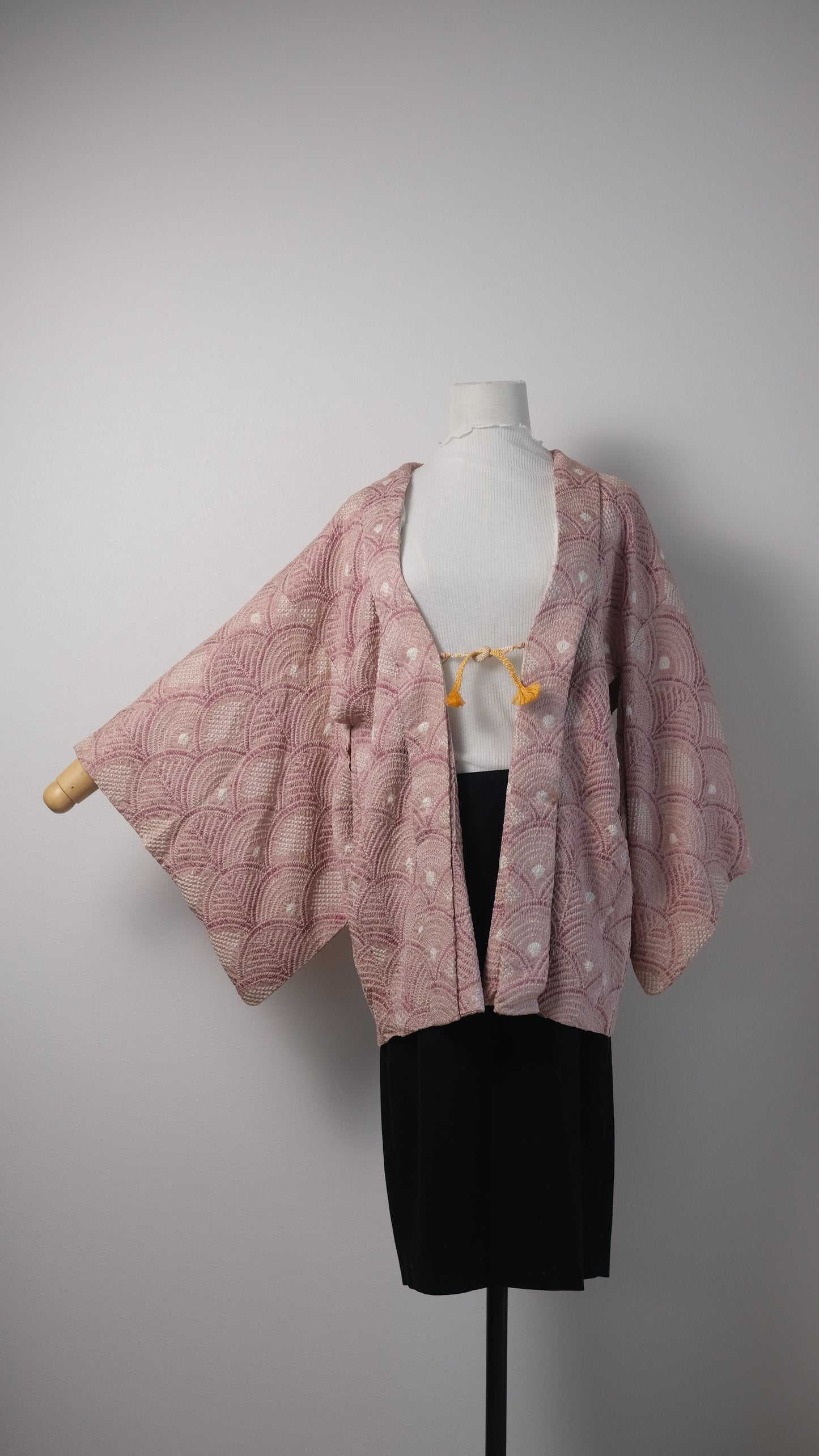 Dusty Rose Shibori Haori with Wave Motif and Playful Lining