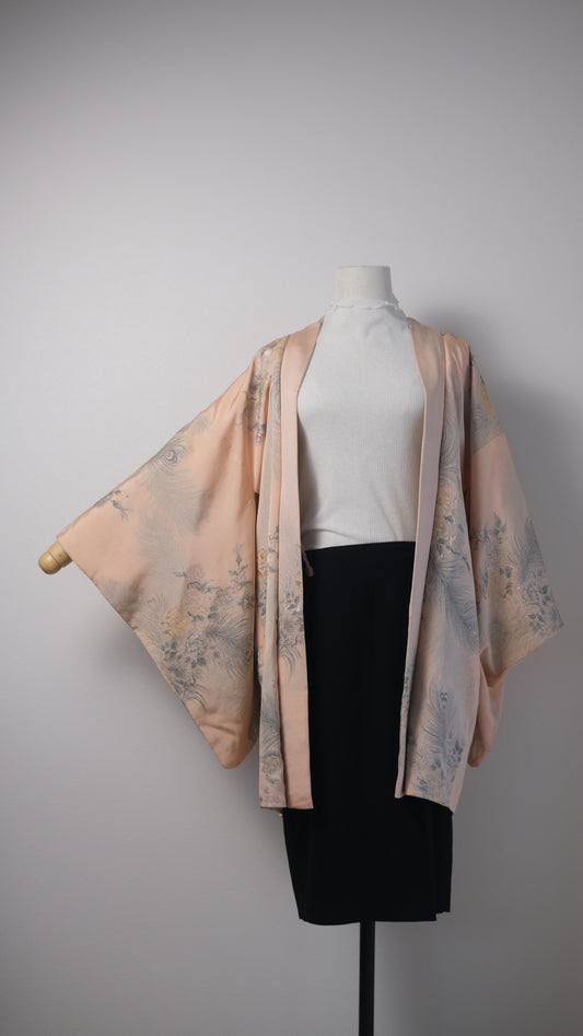 Blush Pink Woven Haori with Rose & Peacock Feather Motif