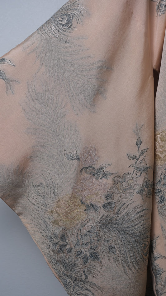 Blush Pink Hand-Woven Haori with Rose & Peacock Feather Motif