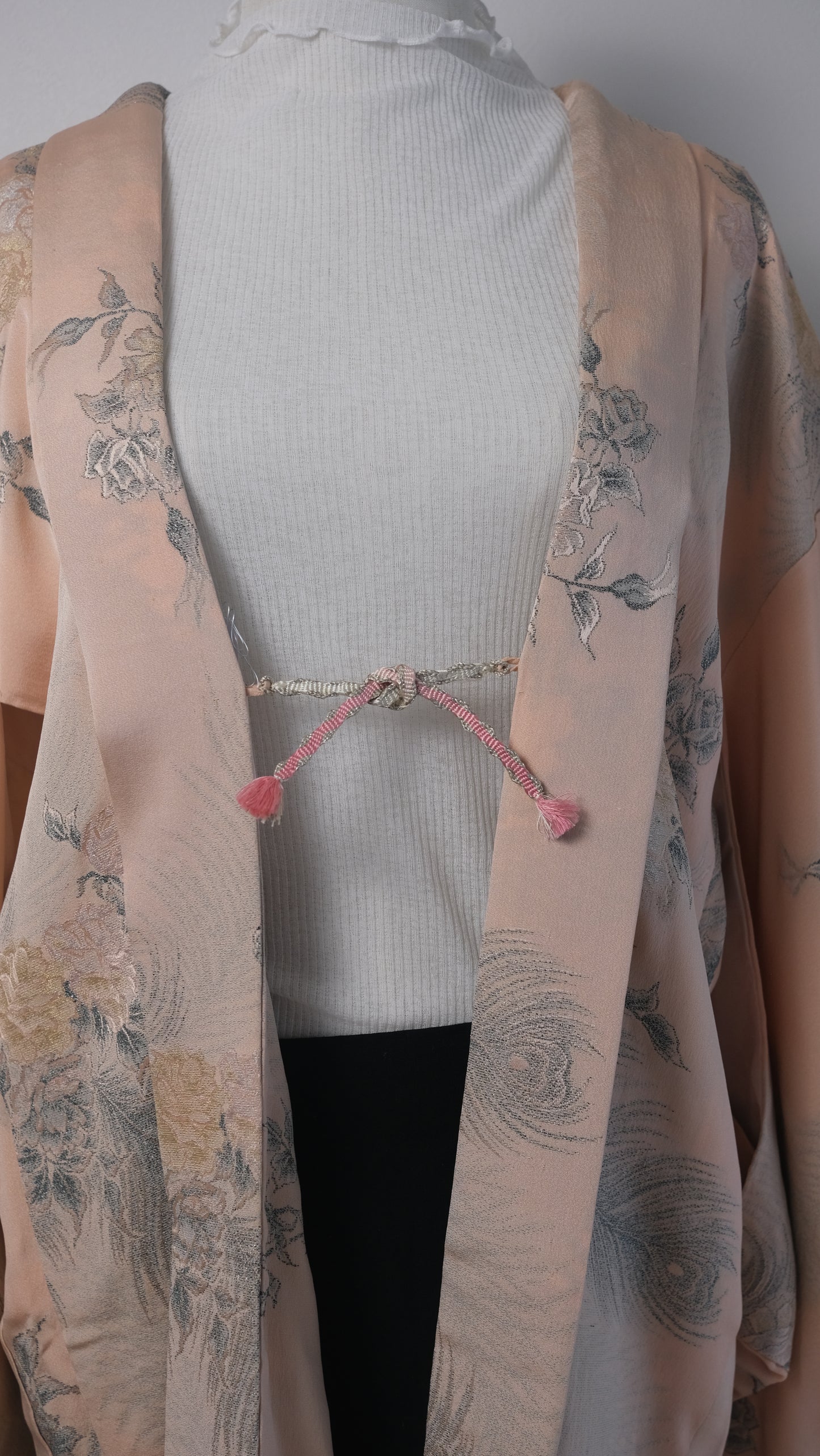 Blush Pink Woven Haori with Rose & Peacock Feather Motif