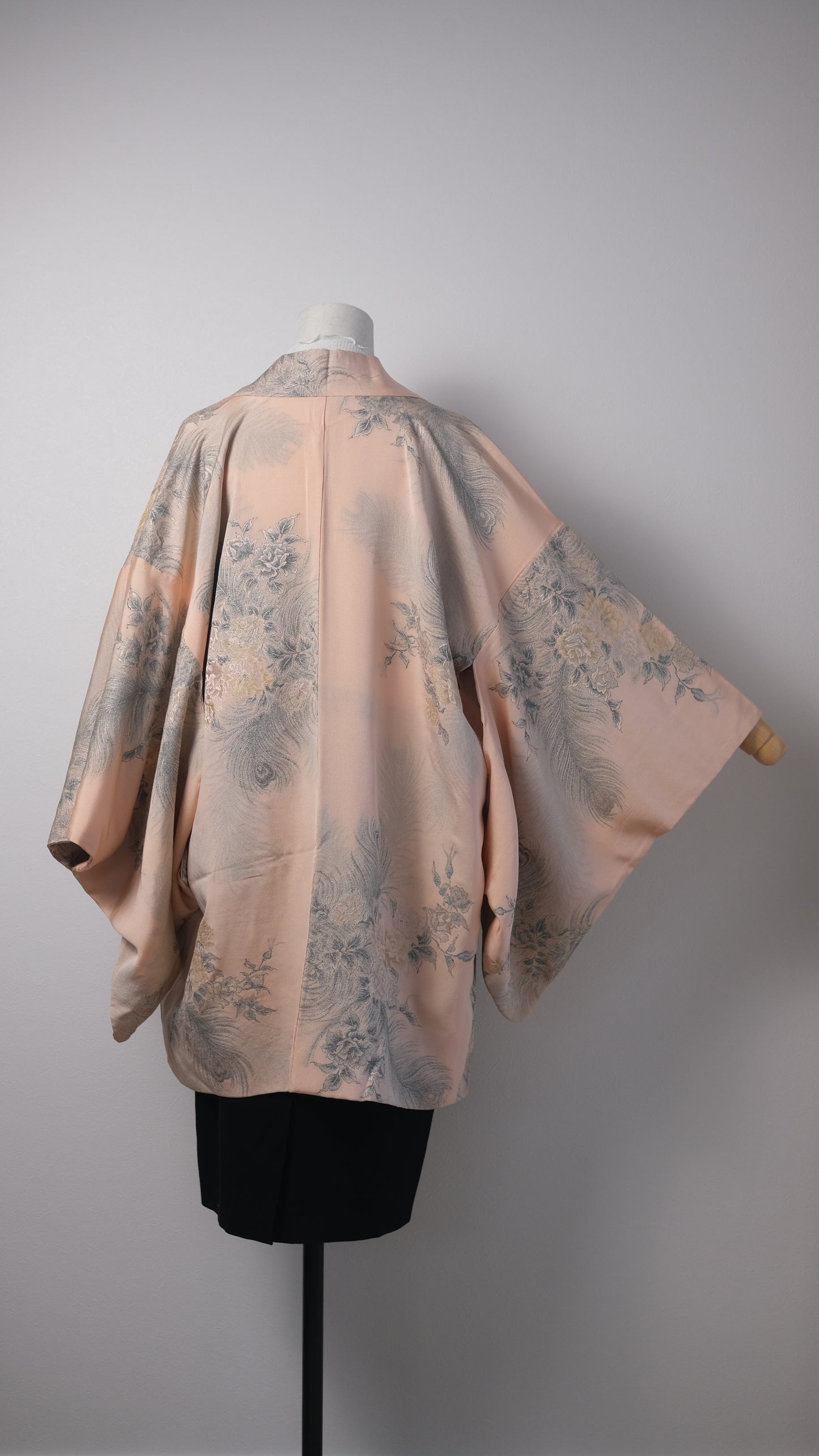 Blush Pink Woven Haori with Rose & Peacock Feather Motif