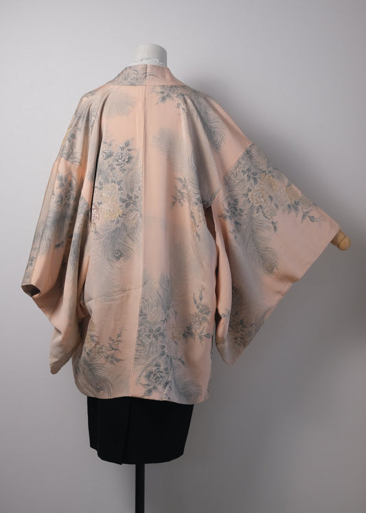 Blush Pink Hand-Woven Haori with Rose & Peacock Feather Motif