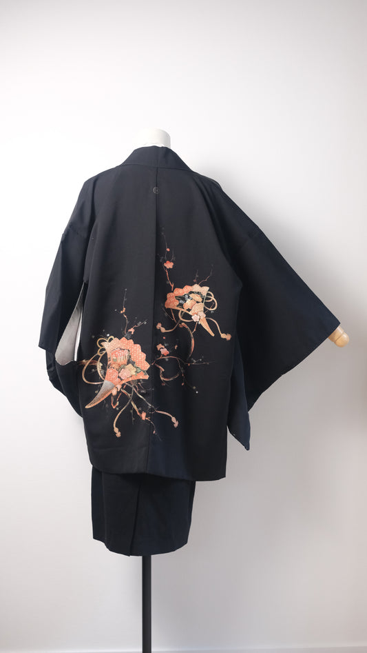 Black Haori with Gold Fan & Floral Motif