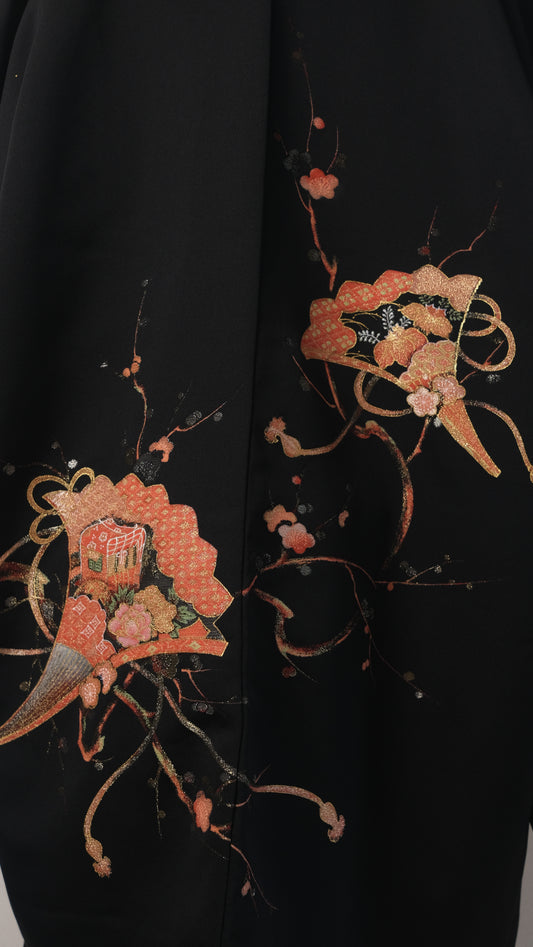 Black Haori with Gold Fan & Floral Motif
