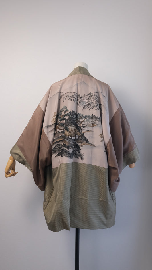 Khaki Haori with Subtle Plaid and Scenic Landscape Lining (For Men)