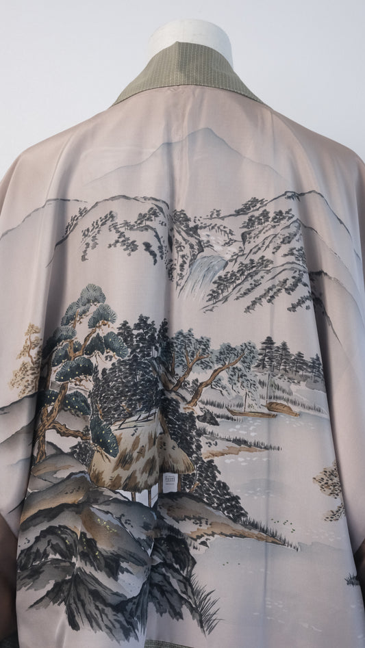 Khaki Haori with Subtle Plaid and Scenic Landscape Lining (For Men)