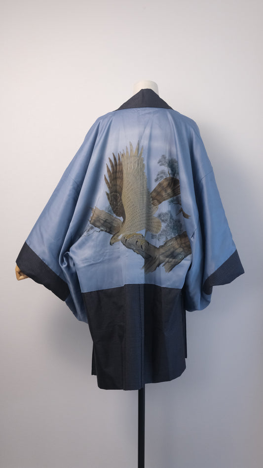 Indigo Haori with Hawk and Pine Tree Painting (For Men)