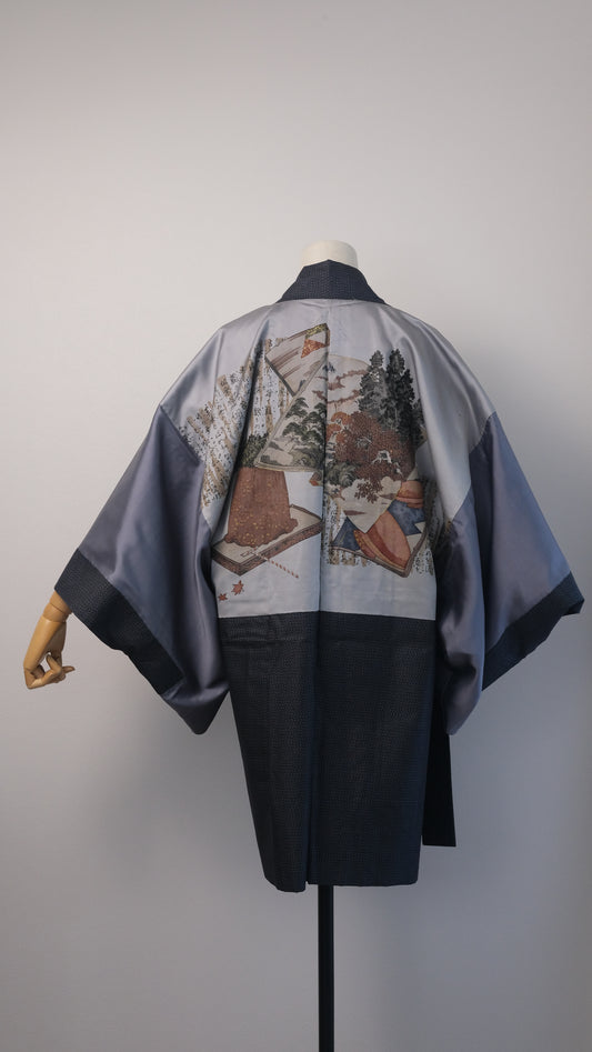 Subtle Navy Weave Haori with Illustrated Scenic Lining (For Men)
