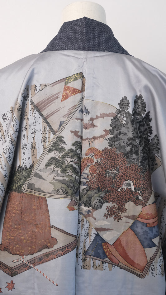 Subtle Navy Weave Haori with Illustrated Scenic Lining (For Men)