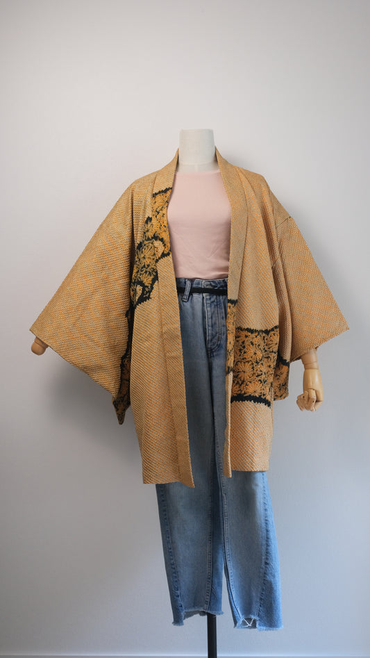 Golden Shibori Haori with Floral Motif