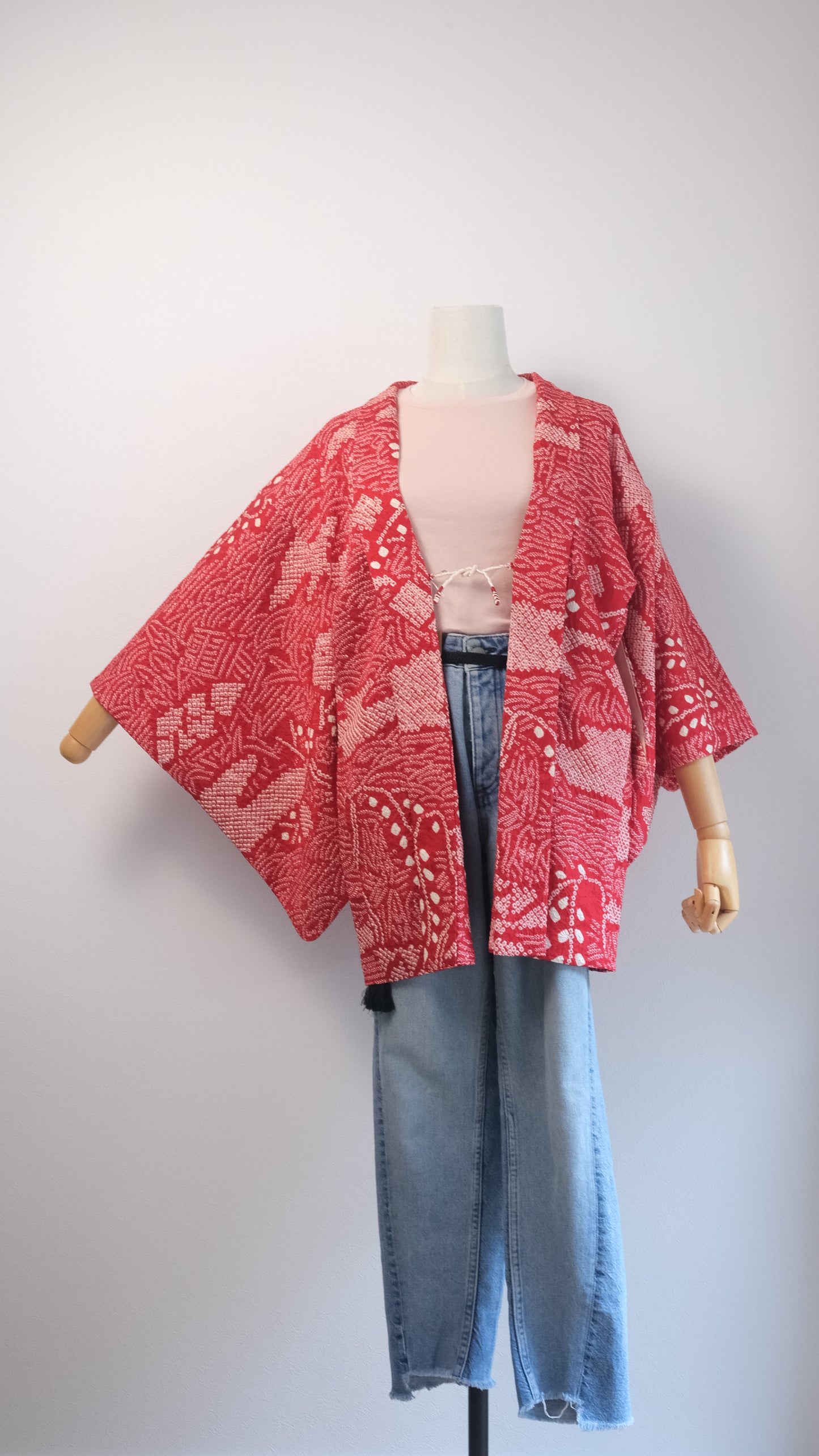 Vibrant Red Shibori Haori with Playful Lining