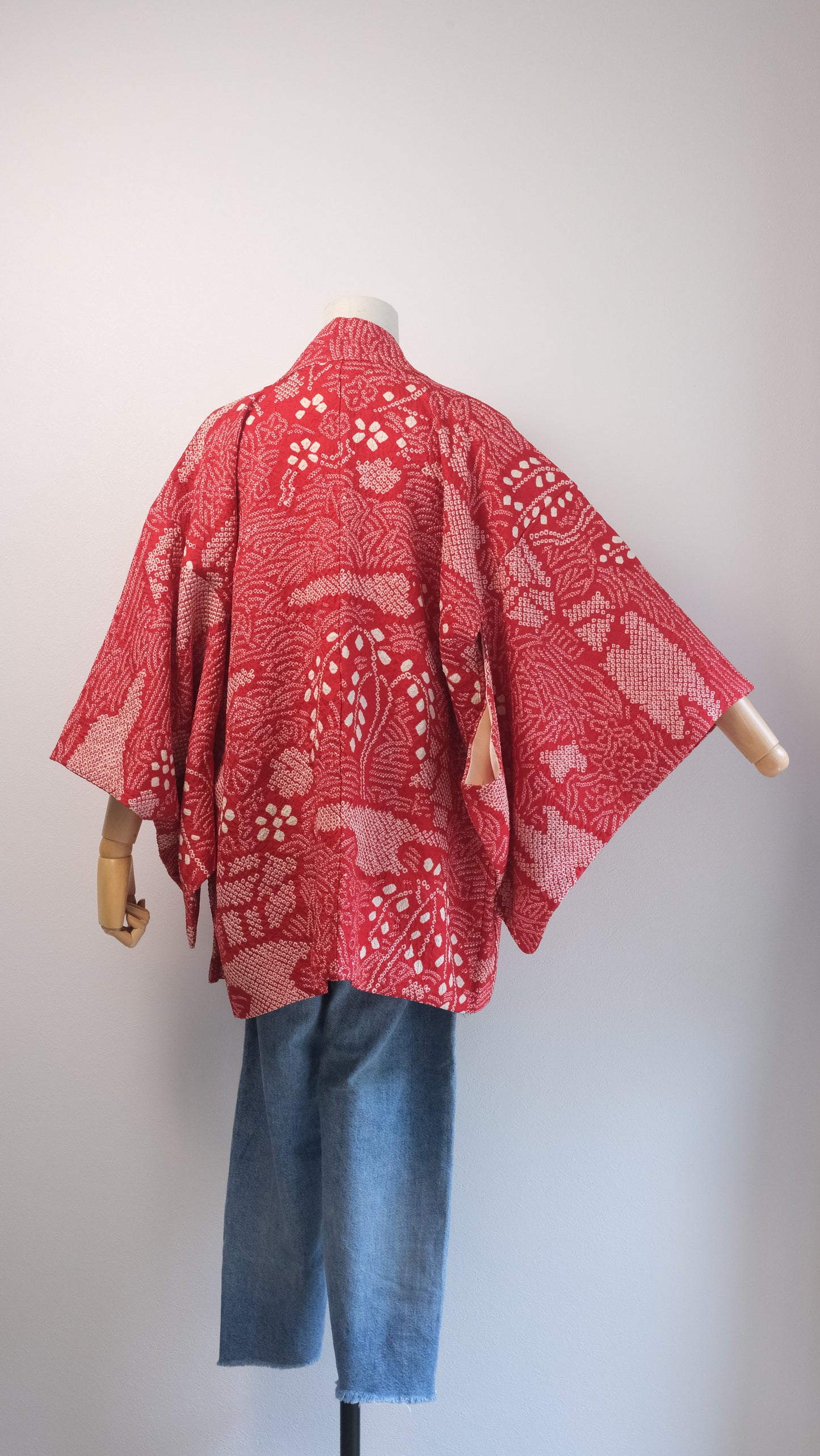 Vibrant Red Shibori Haori with Playful Lining