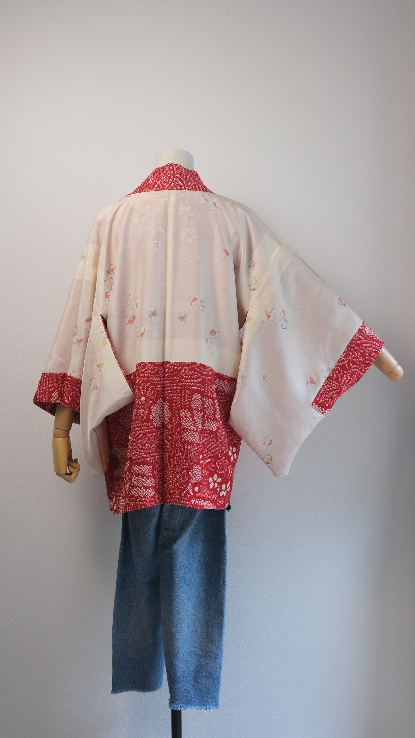 Vibrant Red Shibori Haori with Playful Lining