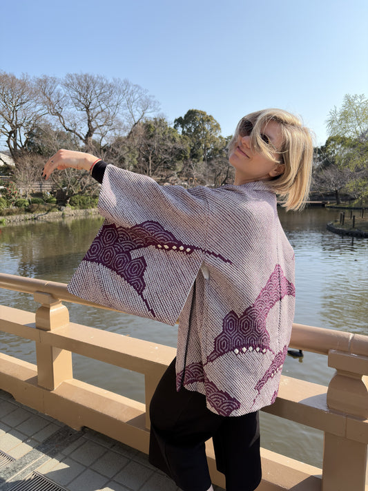 Vintage Purple Shibori Haori with Seigaiha Wave Pattern