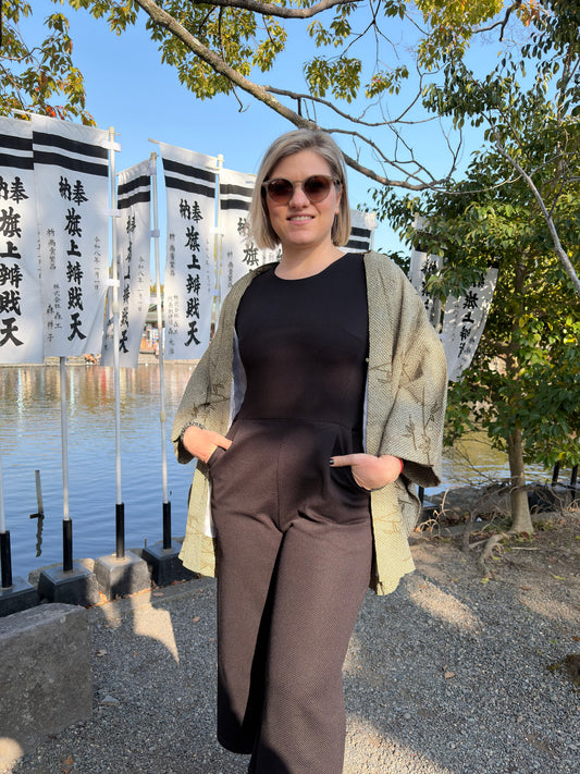 Vintage Olive Green Shibori-Style Haori with Bamboo Motif