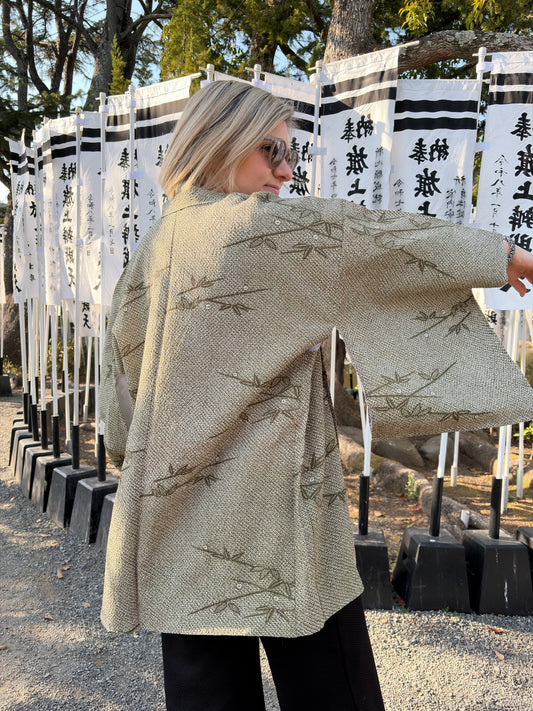Vintage Olive Green Shibori-Style Haori with Bamboo Motif