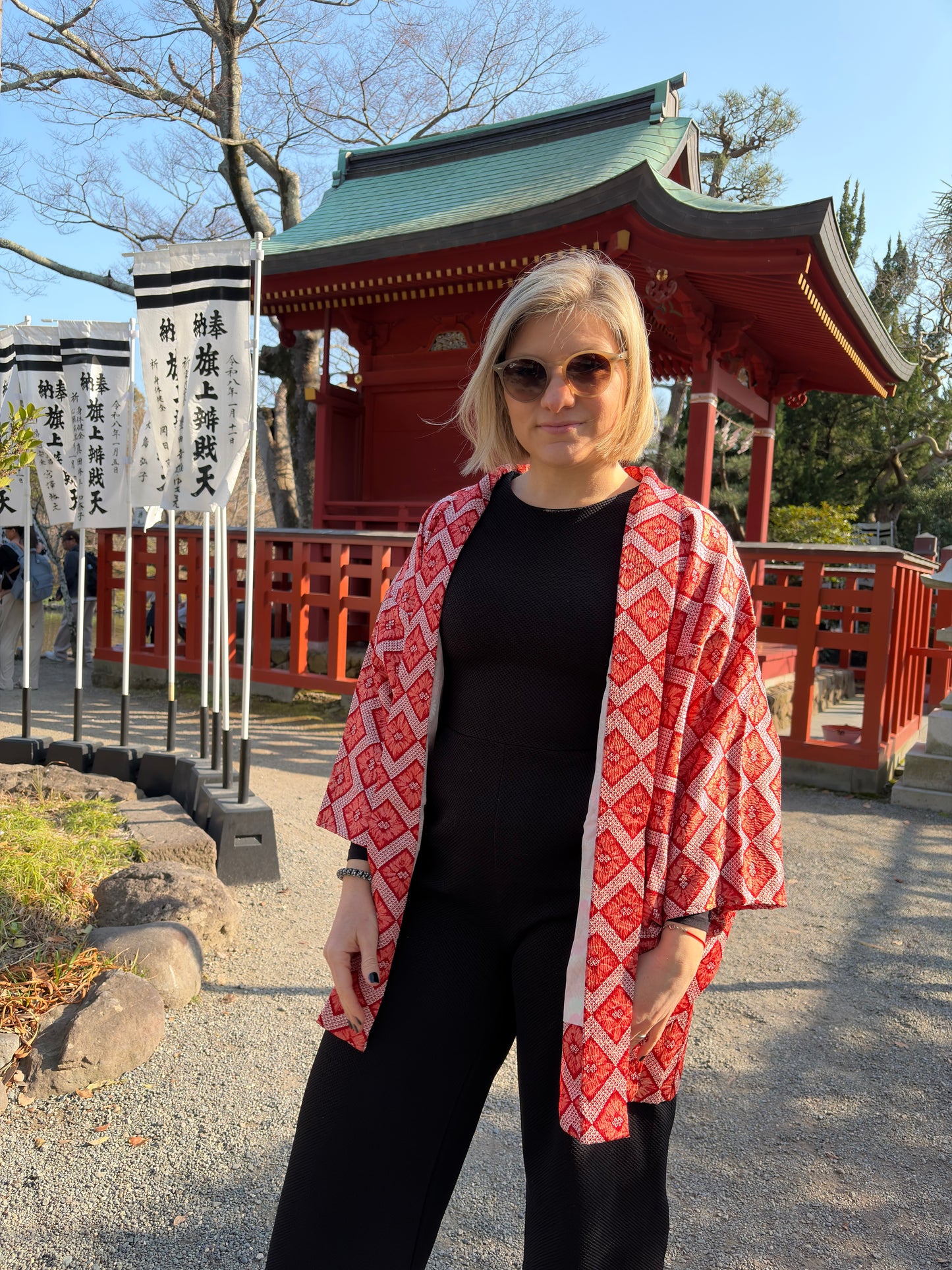 Vintage Red Shibori-Style Haori with Higaki Diamond Pattern