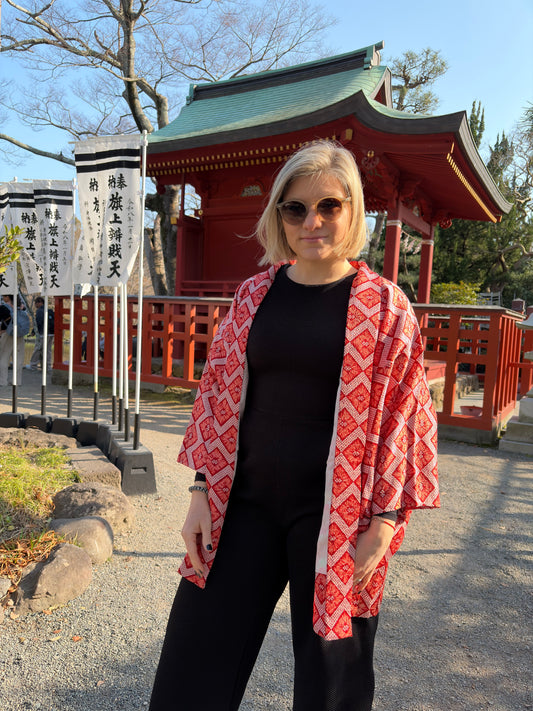 Vintage Red Shibori-Style Haori with Higaki Diamond Pattern
