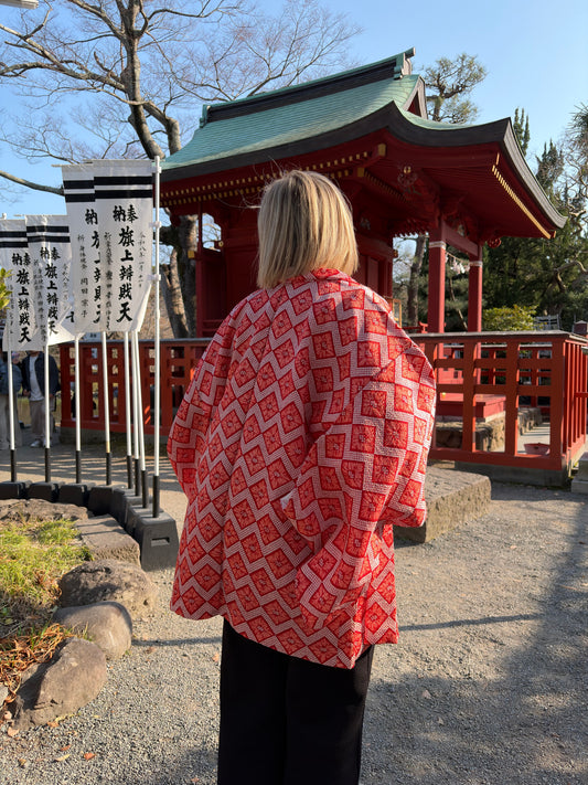 Vintage Red Shibori-Style Haori with Higaki Diamond Pattern